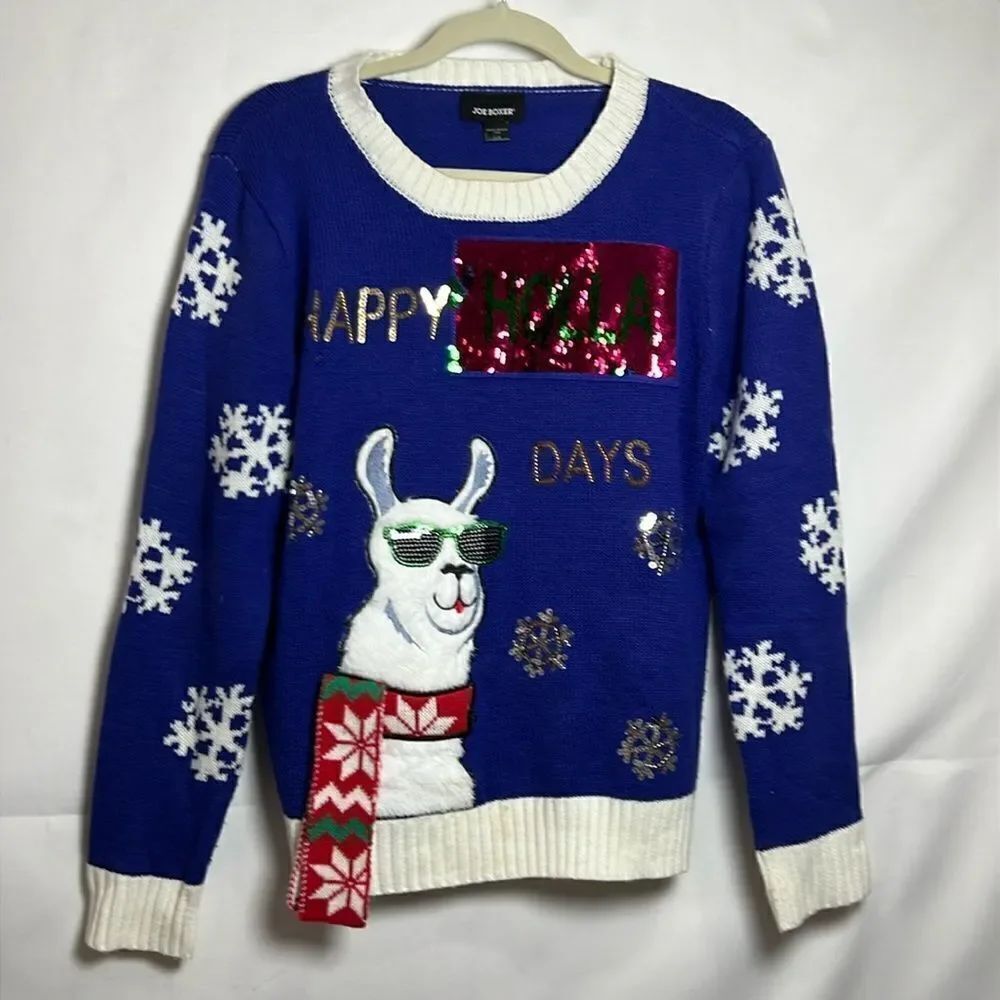 Joe boxer Blue Lama Holiday sequin ugly sweater -l